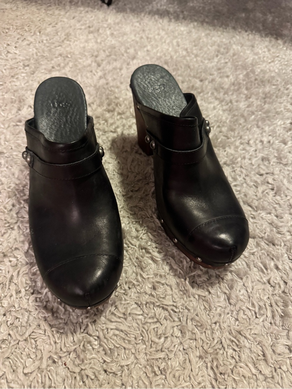 UGG Dark Brown Leather Clog Mules with Stud Detail